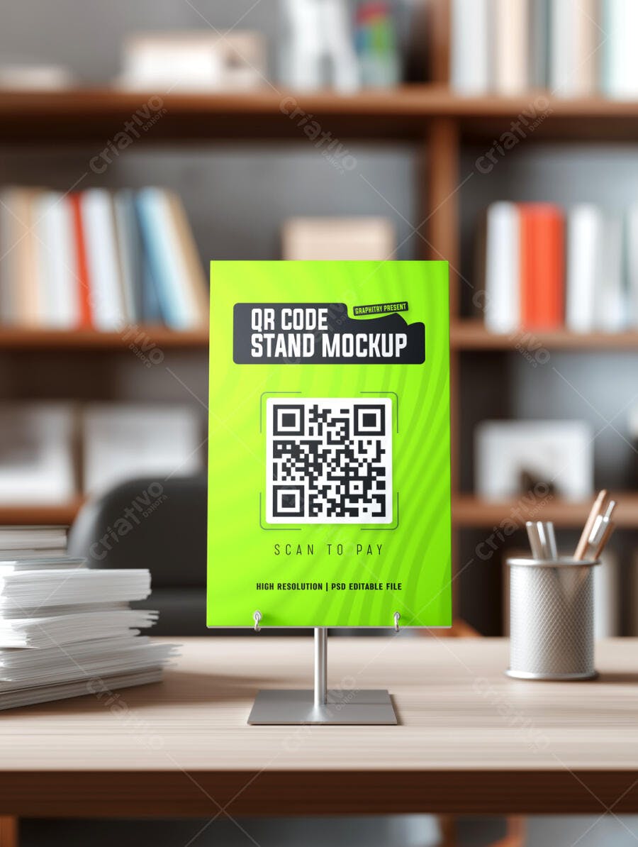 Mockup Realista Stand QR Code Verde Limão para Pagamento em Mesa de Escritório
