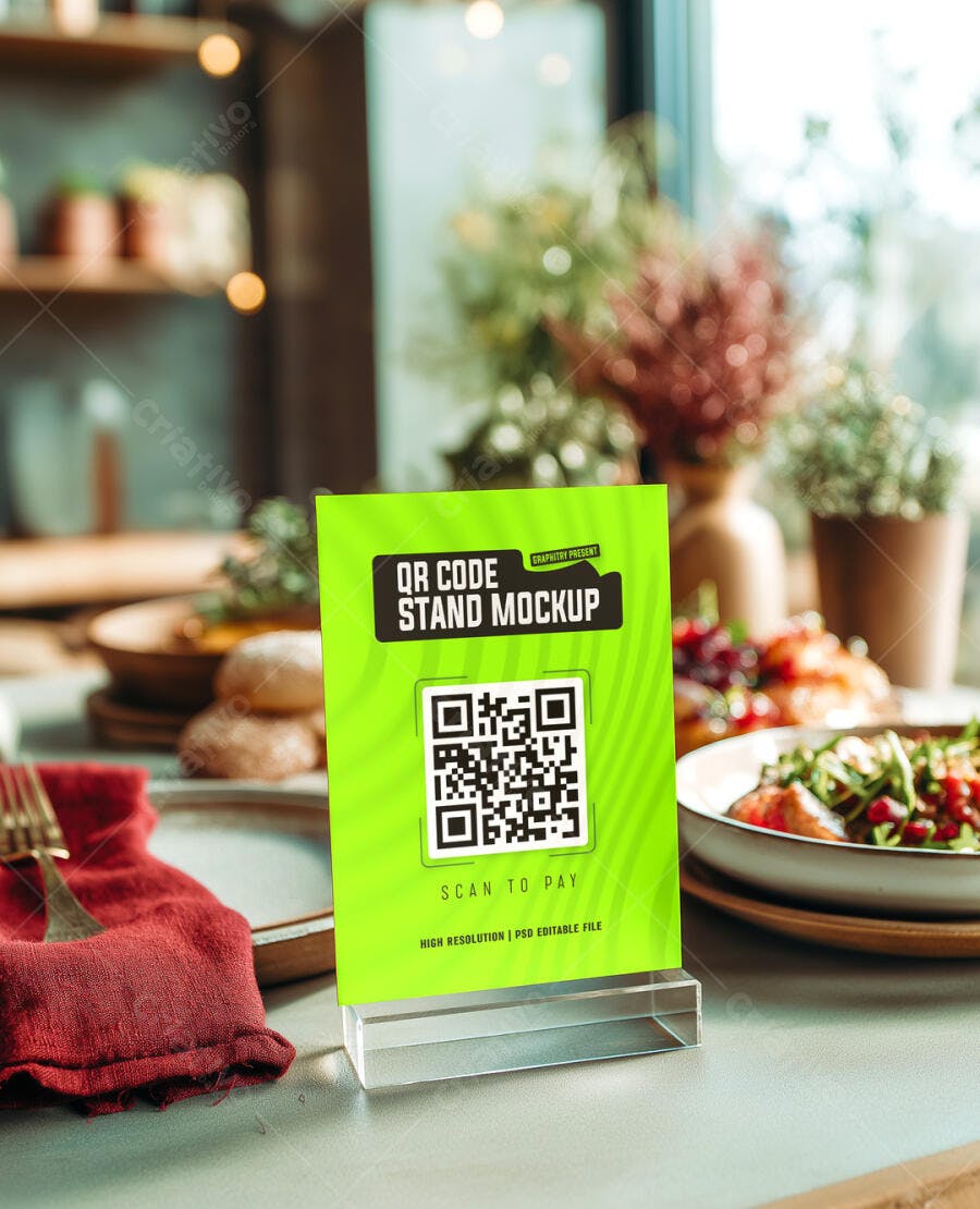 Mockup Realista de Stand QR Code Verde Limão para Pagamento em Restaurante