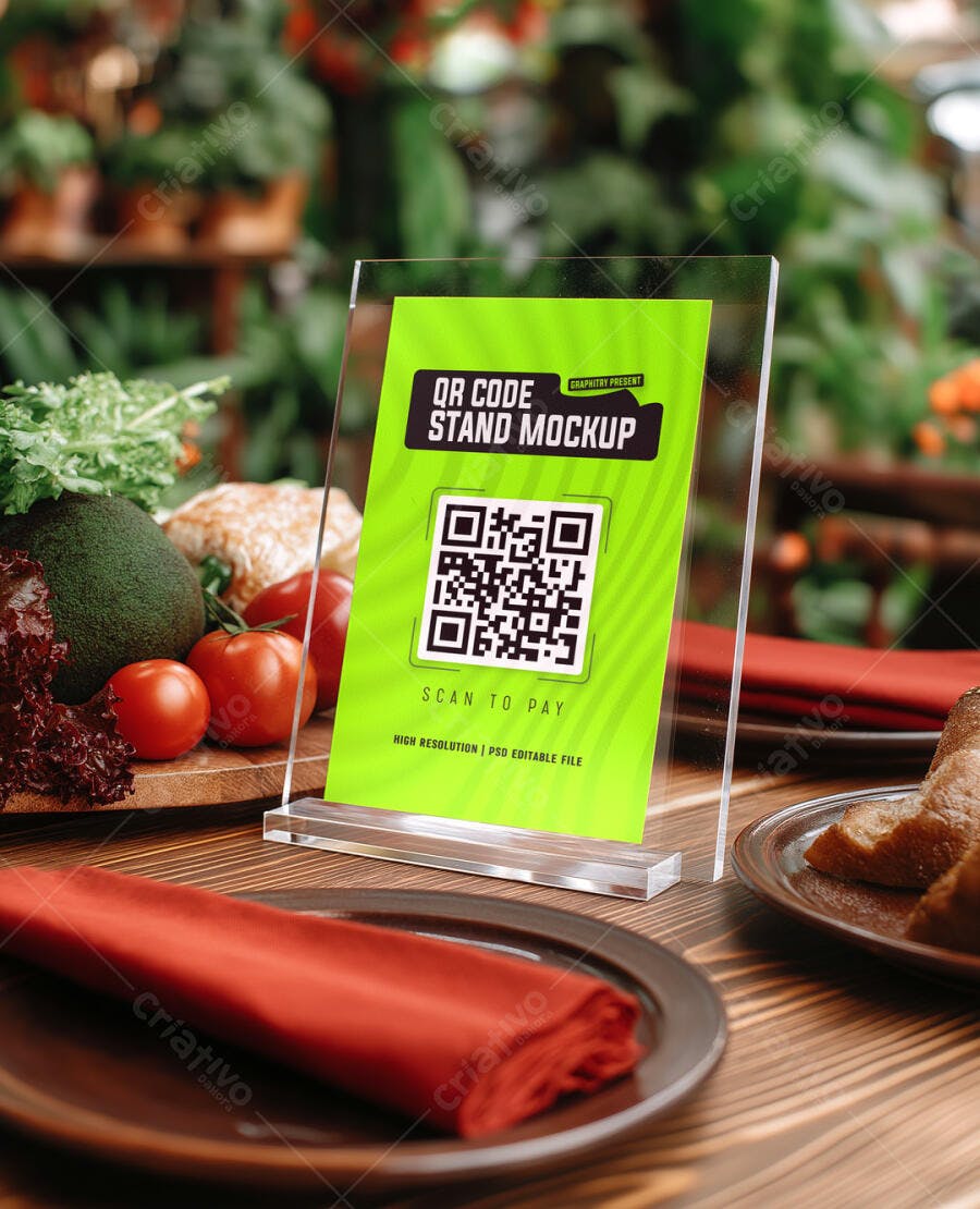 Mockup Suporte Acrílico QR Code Pagamento Restaurante Mesa Madeira Ambiente Realista