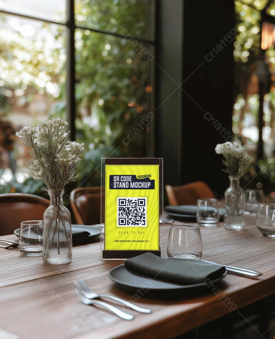 Mockup Realista de Stand de QR Code em Mesa de Restaurante Elegante com Louça Escura