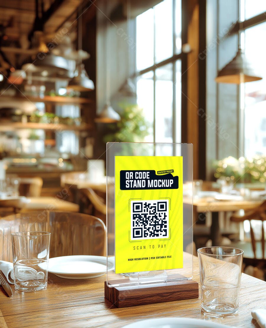 Mockup Display de Mesa QR Code Acrílico em Restaurante Moderno Amarelo