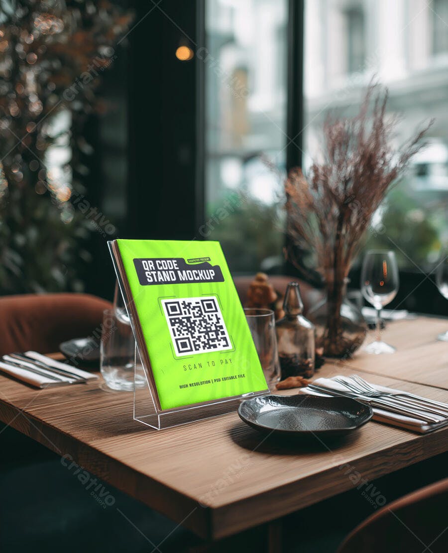 Mockup Realista de Stand para QR Code Verde em Mesa de Madeira de Restaurante
