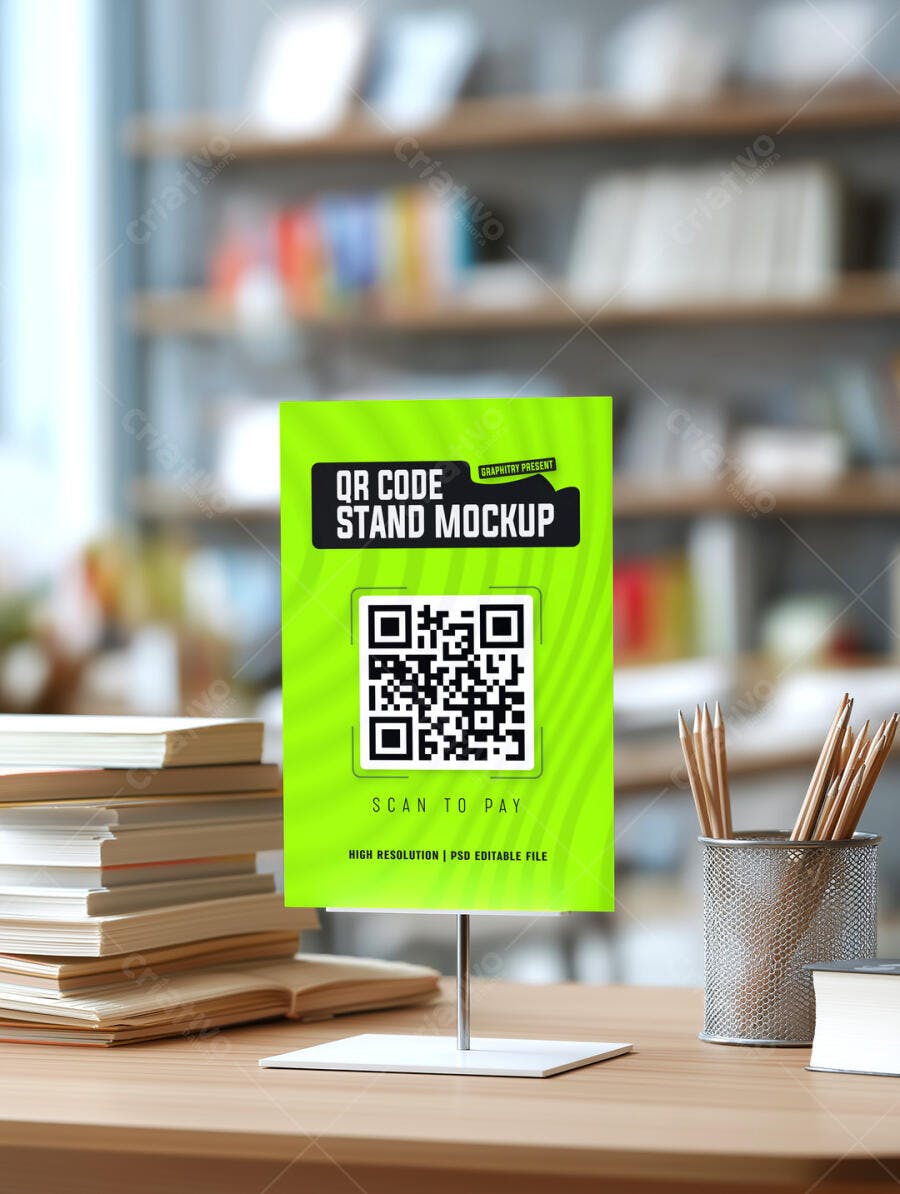 Mockup de Display QR Code Verde Vibrante em Mesa de Escritório com Livros e Lápis
