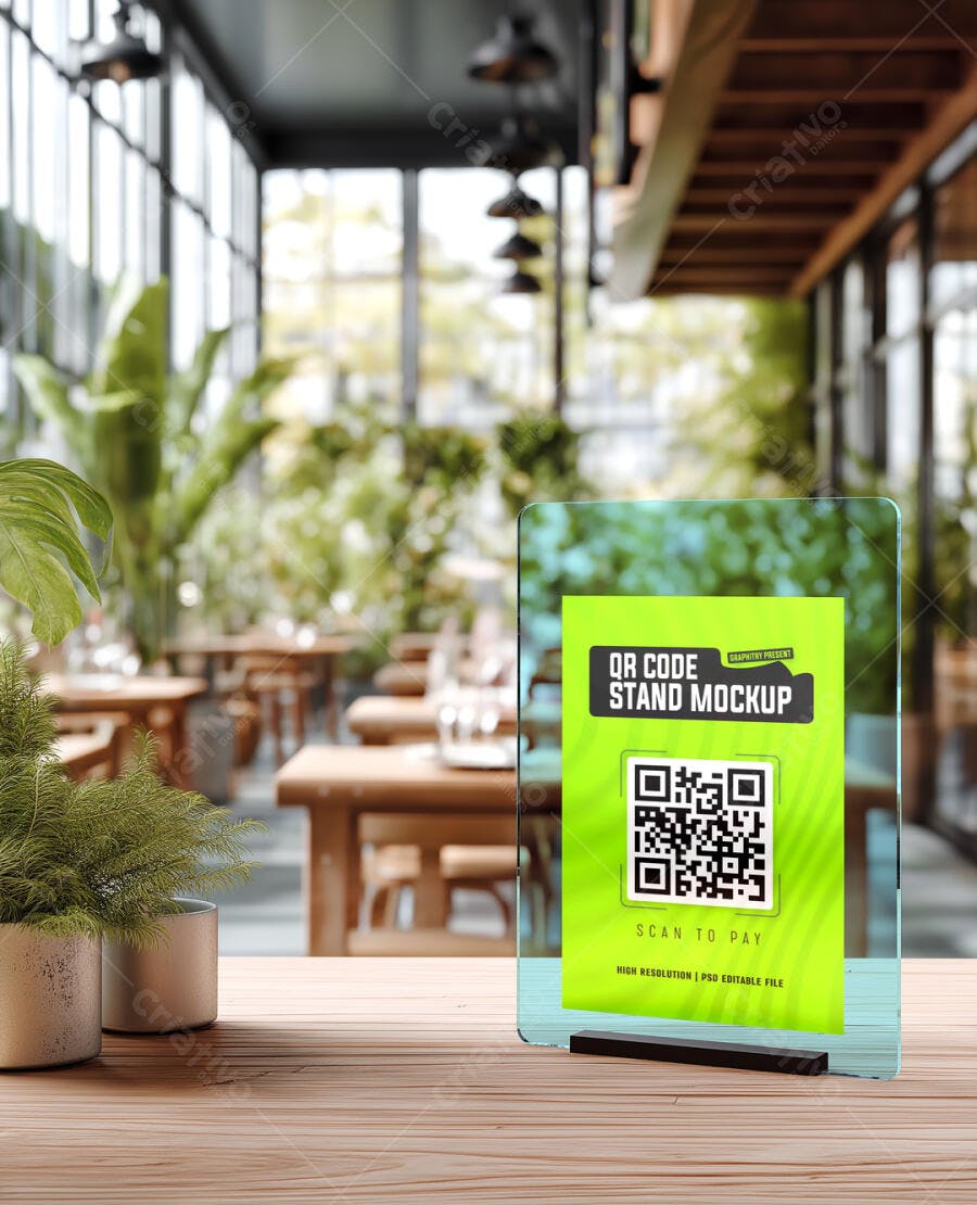 Mockup Realista de Placa QR Code em Acrílico Verde para Restaurante Moderno