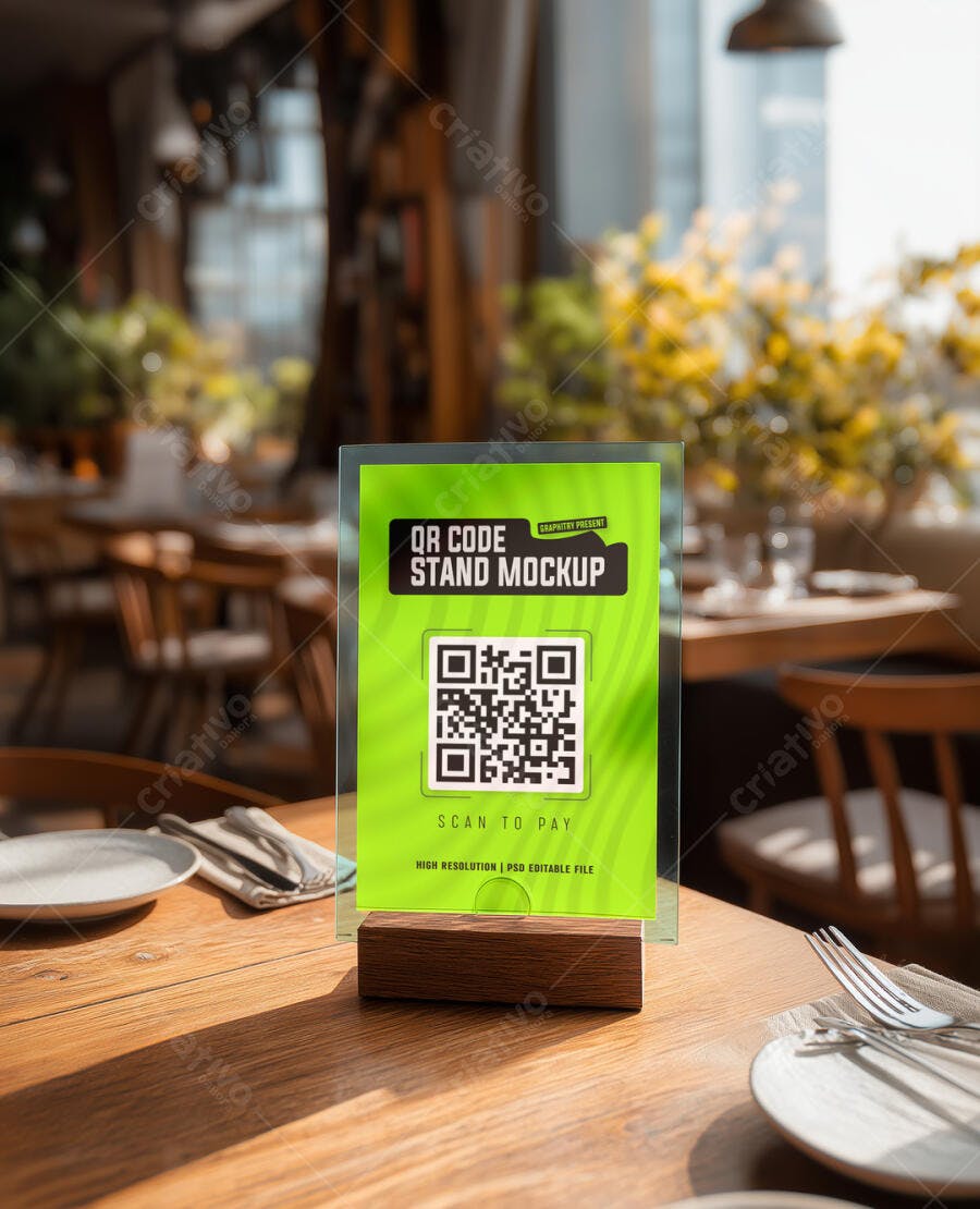 Mockup Realista de Display QR Code para Pagamento em Restaurante com Mesa de Madeira