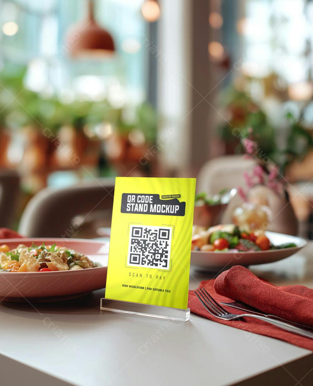 Mockup Realistic QR Code Table Tent Stand in Modern Restaurant Dining ...