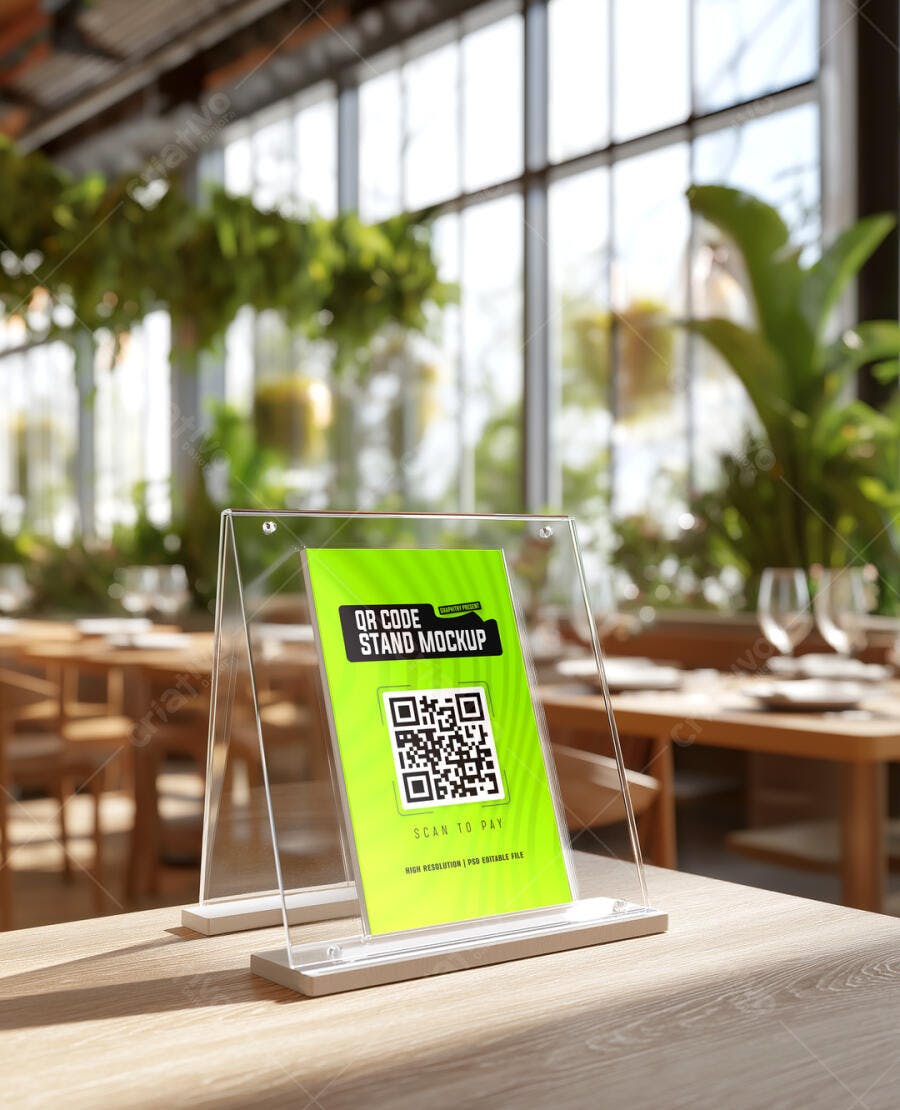 Mockup de Display Acrílico QR Code Verde em Mesa de Madeira de Restaurante Moderno