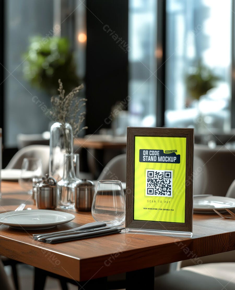 Mockup Realista Stand de QR Code Moderno em Mesa de Restaurante com Moldura Madeira