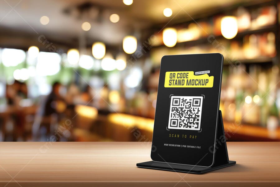 Mockup Realista de Stand de QR Code Preto e Amarelo em Café Moderno