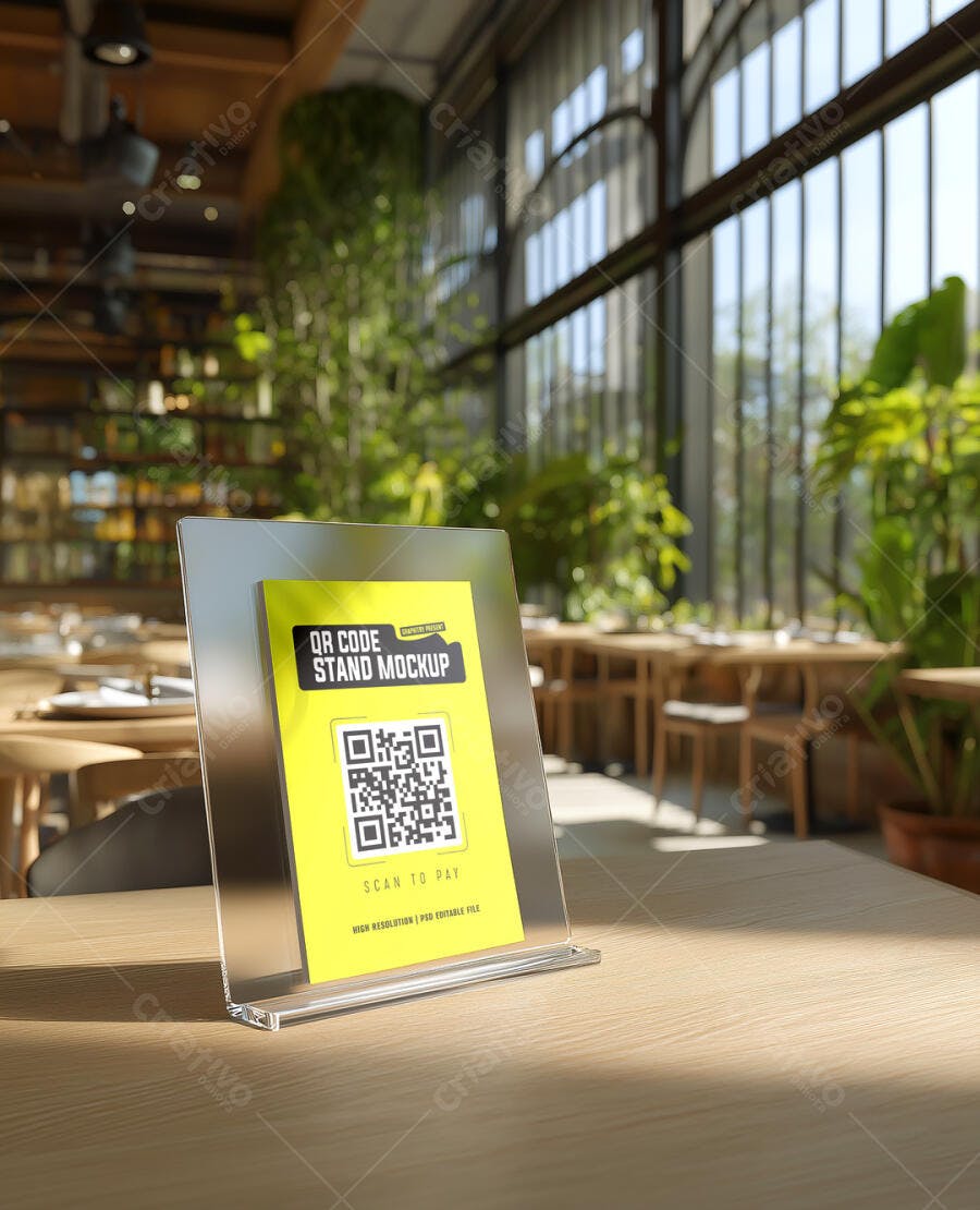 Mockup Display de Mesa QR Code Realista em Cafe Moderno com Cartão Amarelo