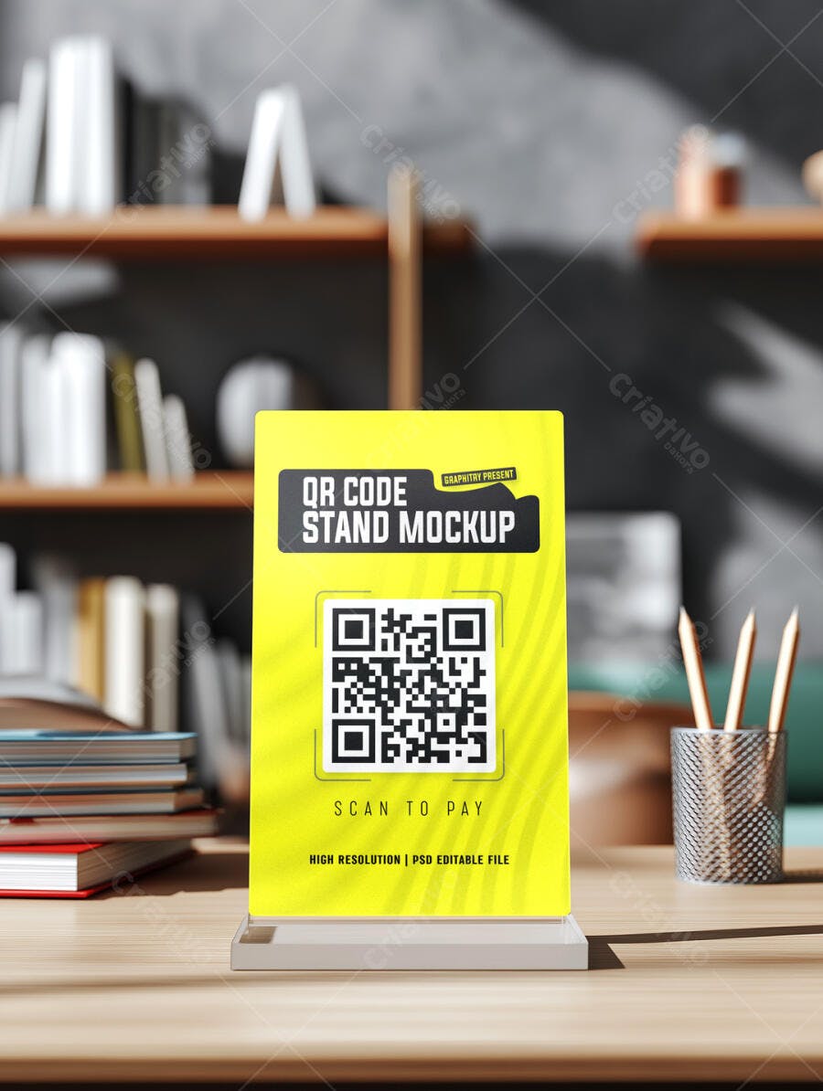 Mockup Stand QR Code Amarelo Pagamento Digital em Escritório Realista