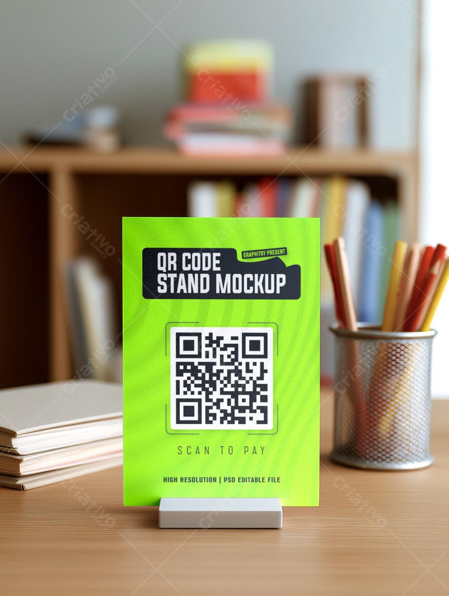 Mockup Realista de Stand para QR Code Verde Limão em Escrivaninha de Escritório