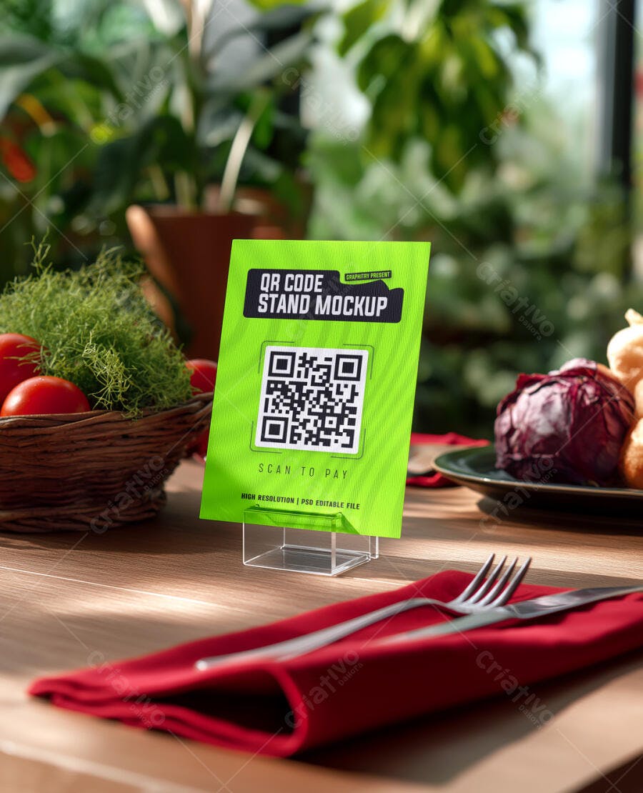 Mockup de Stand de QR Code Verde Limão em Cenário de Restaurante Realista
