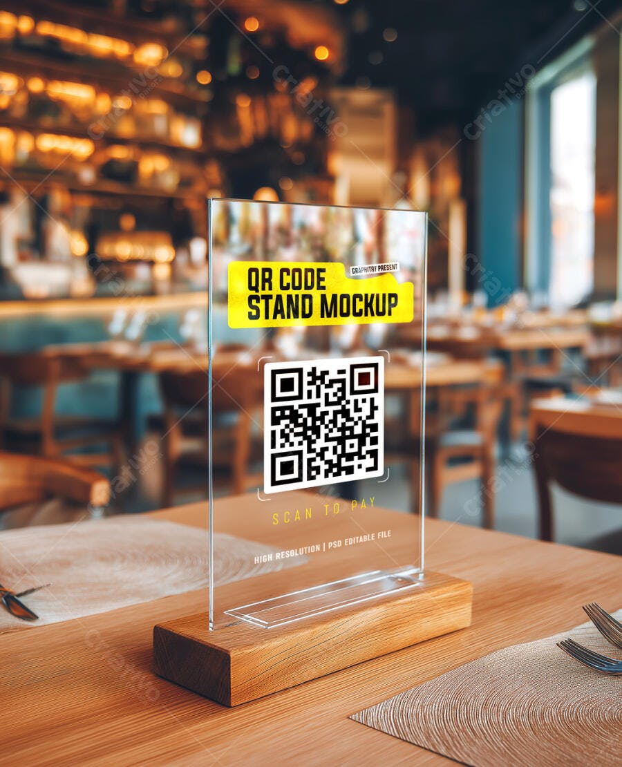 Mockup Realista de Stand de Mesa QR Code Acrílico em Restaurante Moderno
