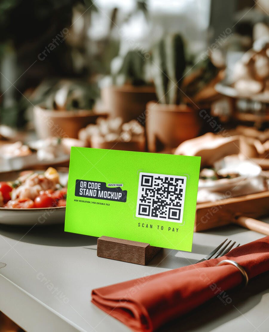 Mockup Realista de Stand de QR Code Verde em Restaurante com Mesa Posta