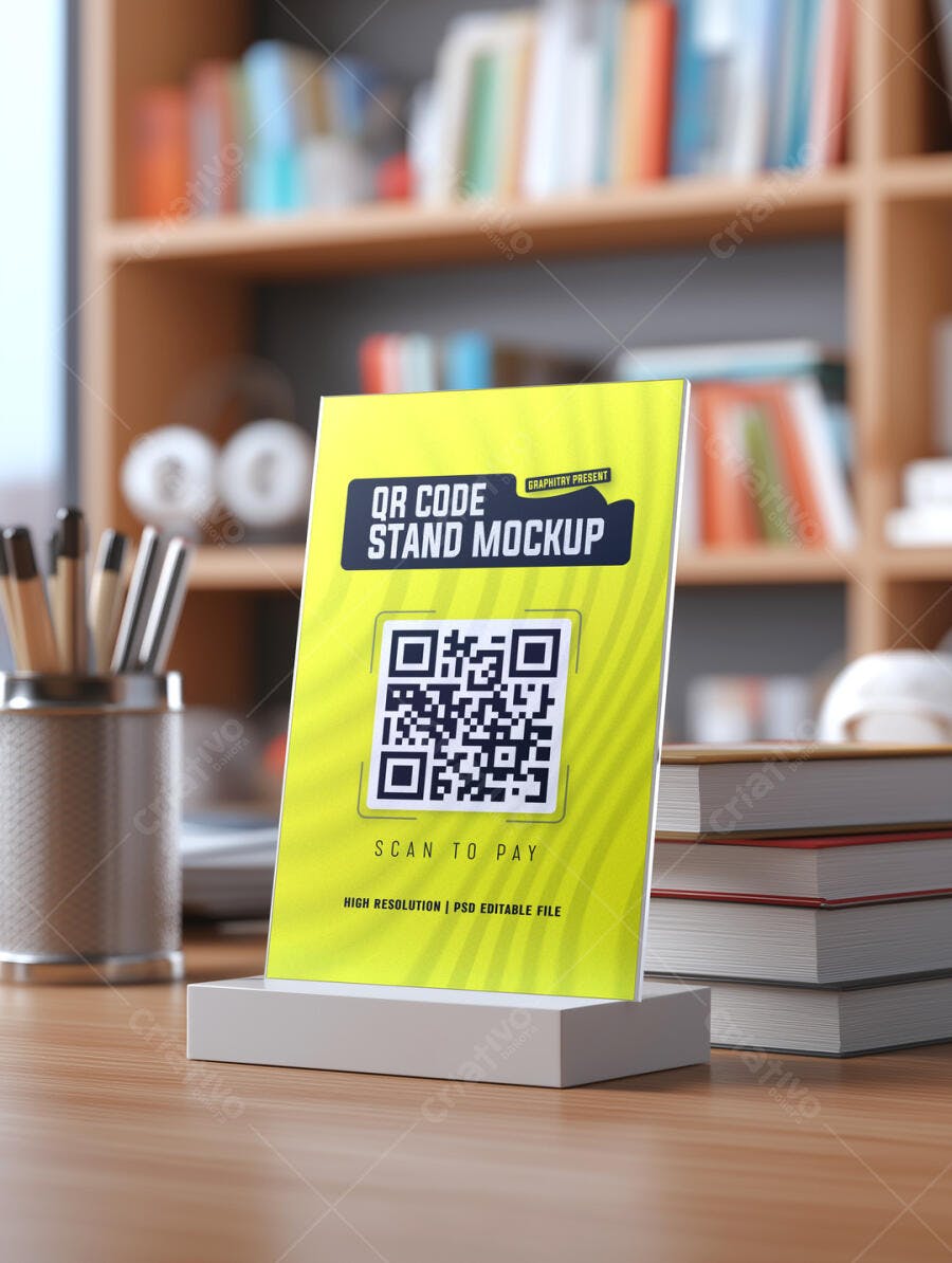 Mockup de Stand de QR Code Moderno em Balcão de Madeira para Pagamento Digital
