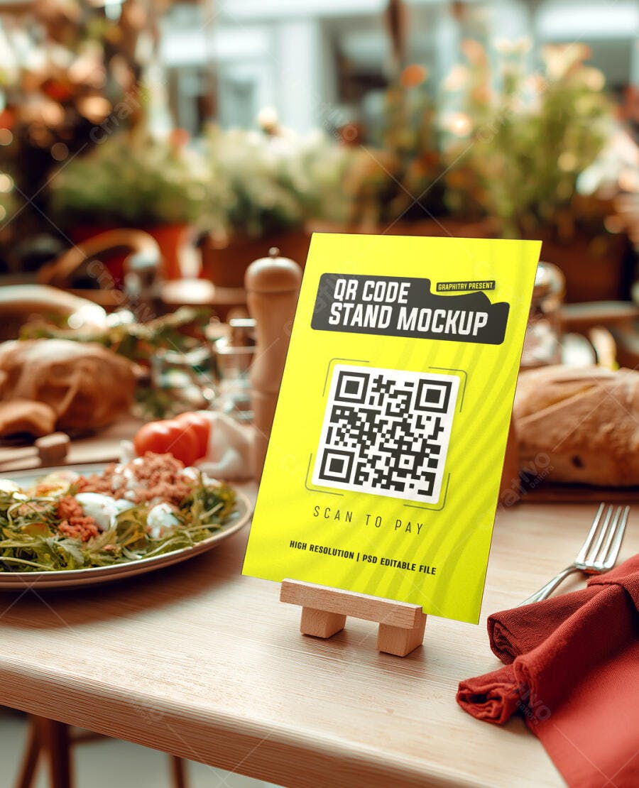 Mockup Realista Stand QR Code Pagamento Pix Restaurante Amarelo Mesa Madeira