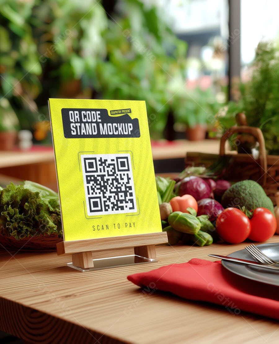 Mockup Realista de Stand QR Code Amarelo em Mesa de Madeira para Restaurante