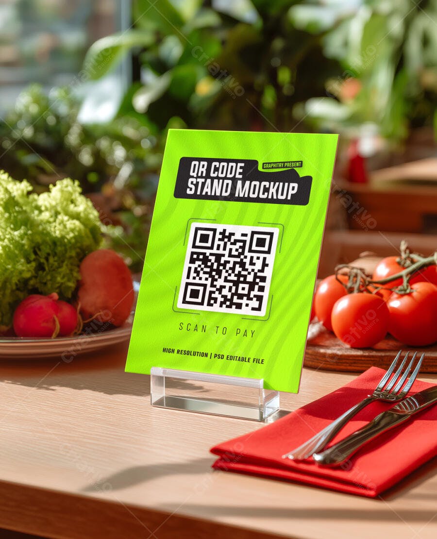 Mockup Realista de Stand de QR Code Verde Limão em Mesa de Restaurante