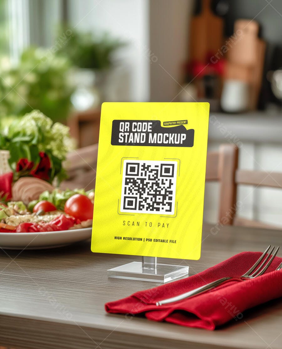 Mockup de Stand para QR Code Amarelo Realista em Cena de Restaurante com Pagamento
