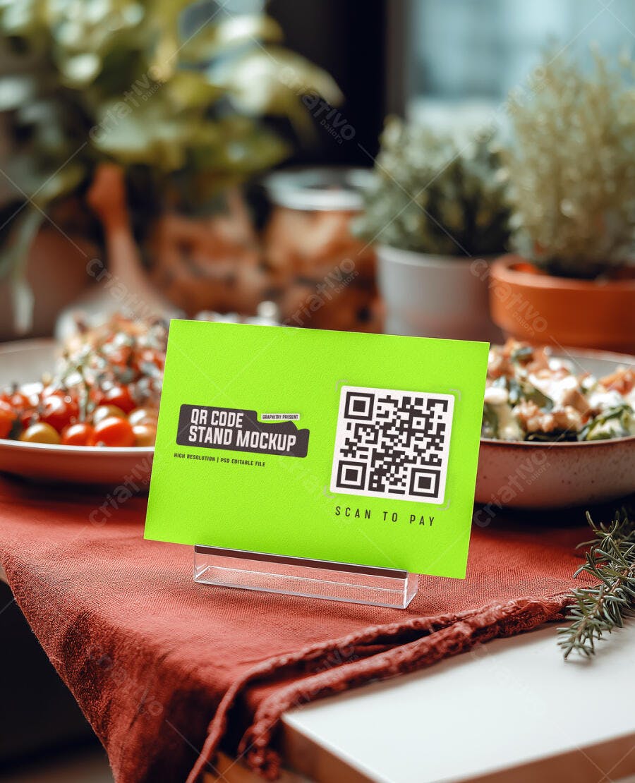 Mockup de Display de QR Code Verde em Acrílico para Pagamento em Ambiente de Café