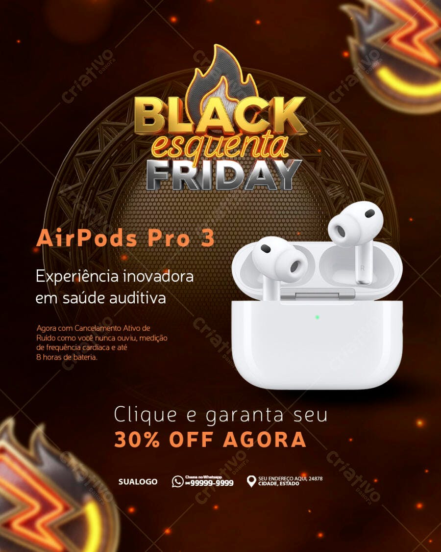 Flyer Comercial Black Friday AirPods Pro 3 30% OFF PSD Editável