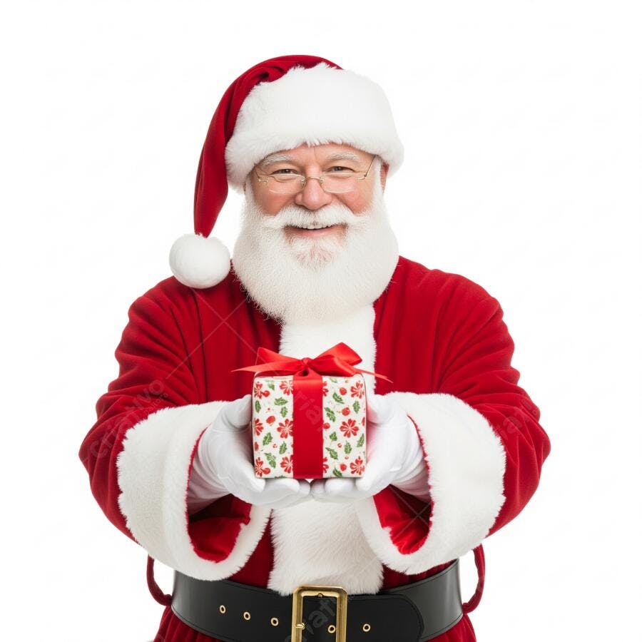 Papai Noel feliz de barba branca e terno vermelho segurando presente de Natal em fundo branco