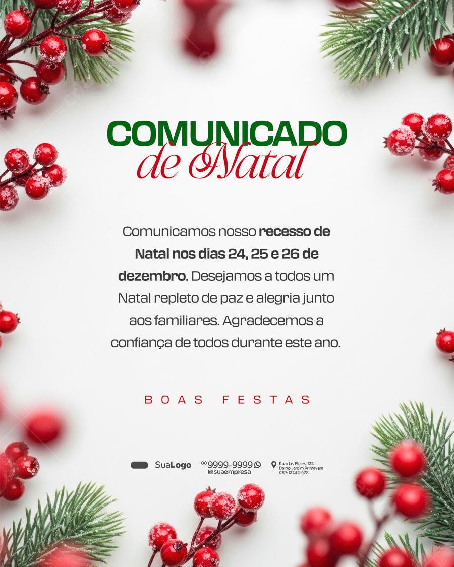 Flyer Comunicado Recesso Natal Boas Festas Galhos Pinheiro PSD Editável