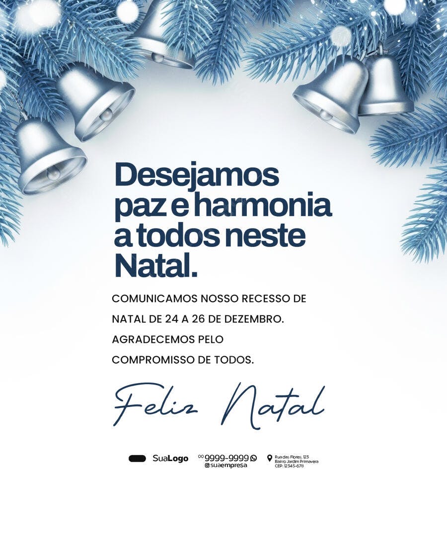 Cartão de Natal Azul Prata para Recesso PSD Editável