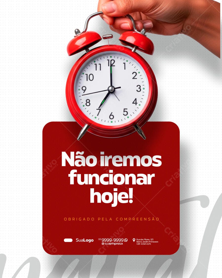 Flyer Aviso de Não Funcionamento com Despertador Vermelho PSD Editável