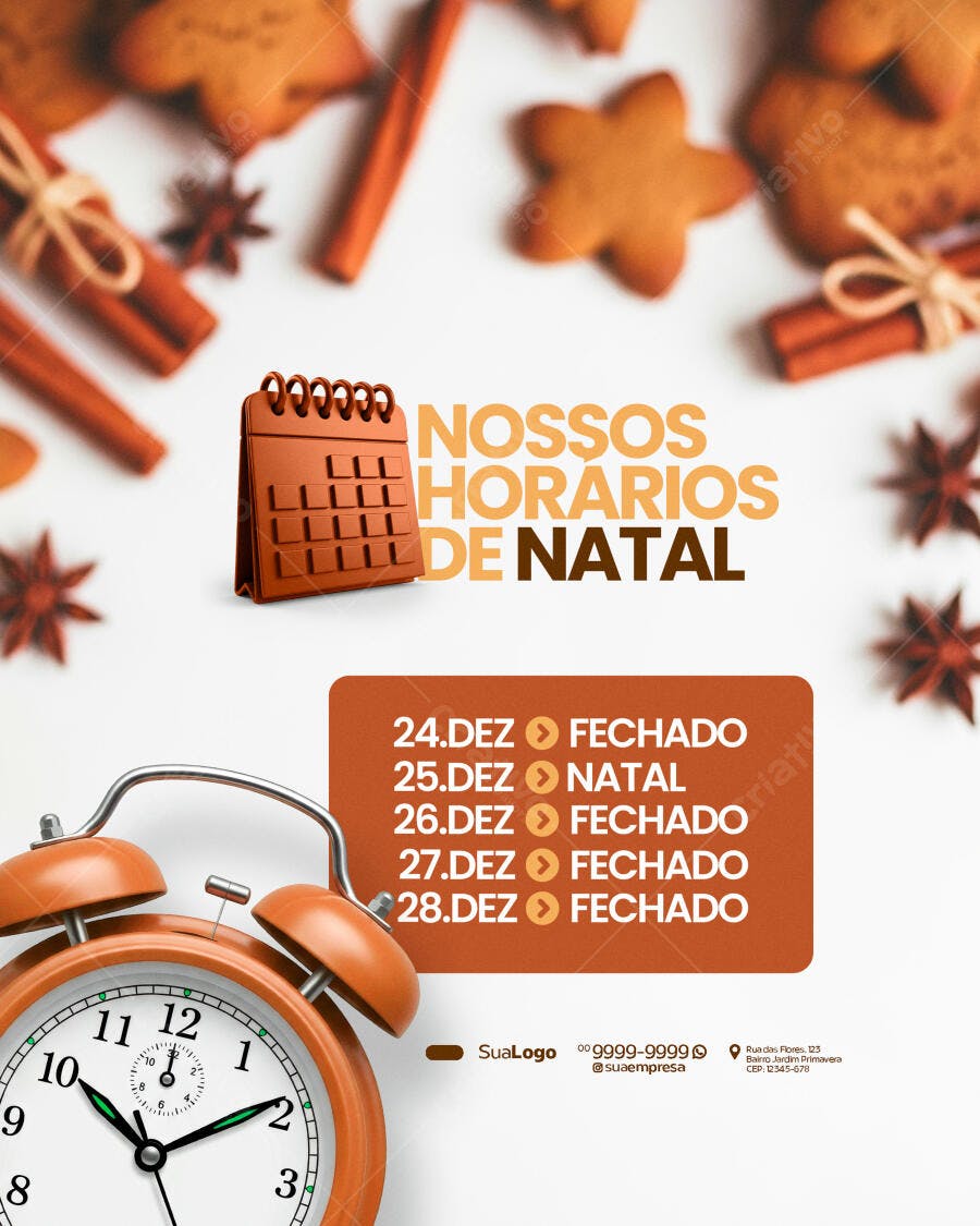 Flyer Horários de Natal com Biscoitos e Canela Psd Editável