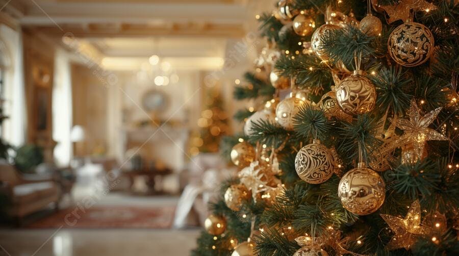 Árvore de Natal dourada festiva com luzes em sala de estar luxuosa