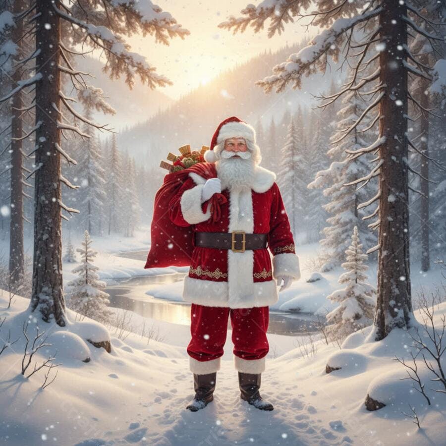 Papai Noel de vermelho em floresta nevada com saco de presentes e luz dourada