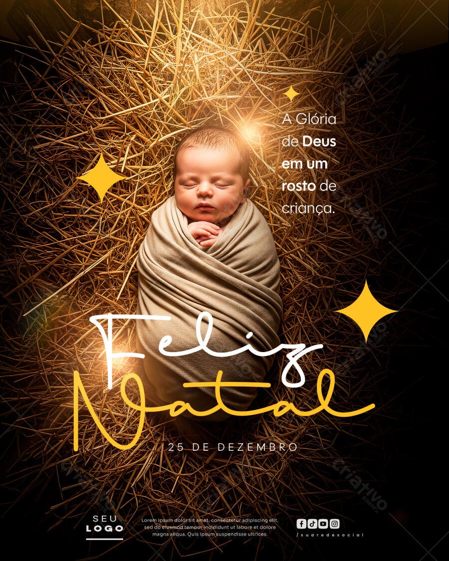 Flyer de Natal com Bebê Recém-Nascido na Palha PSD Editável