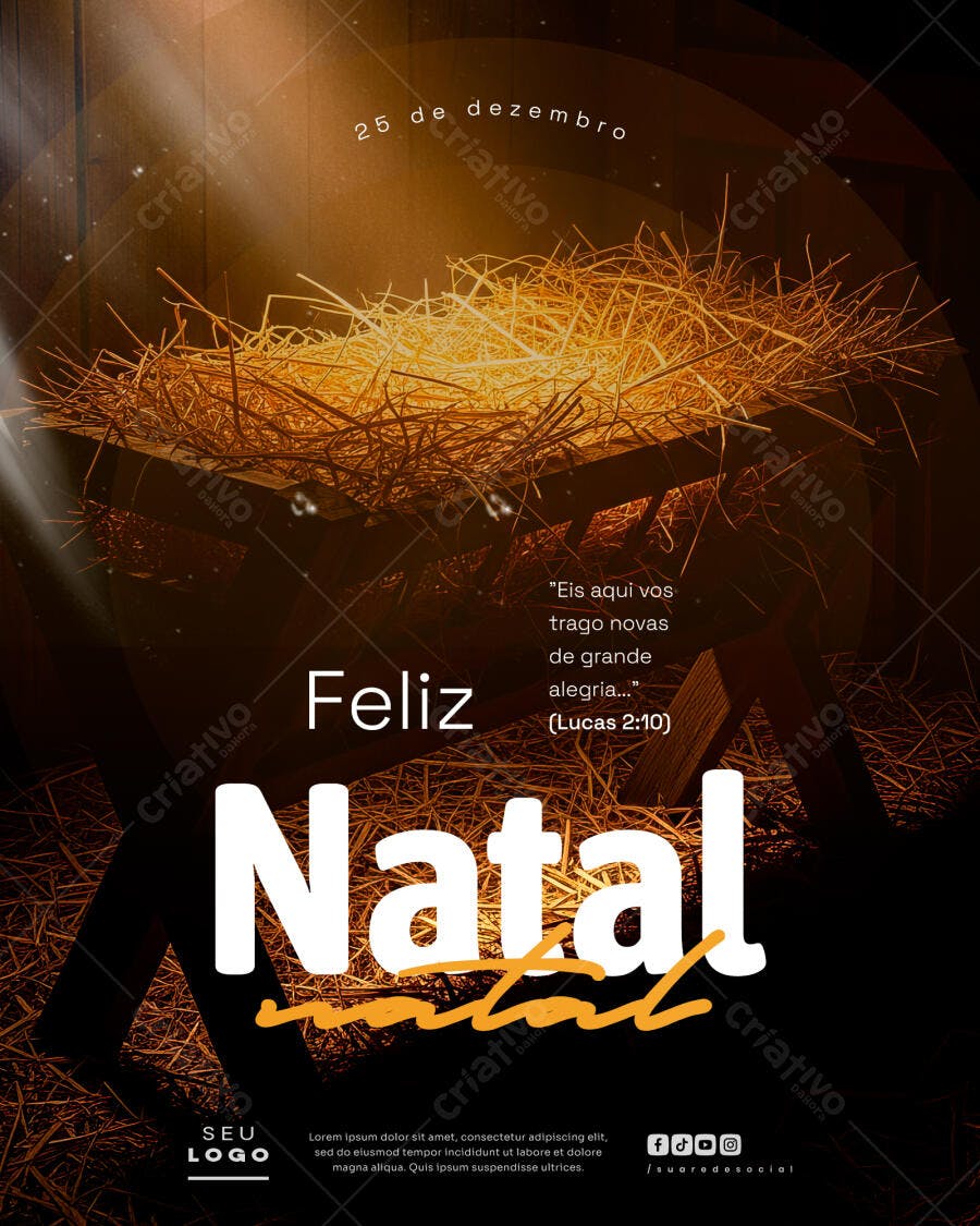 Post de Natal Cristão com Manjedoura e Versículo Bíblico PSD Editável