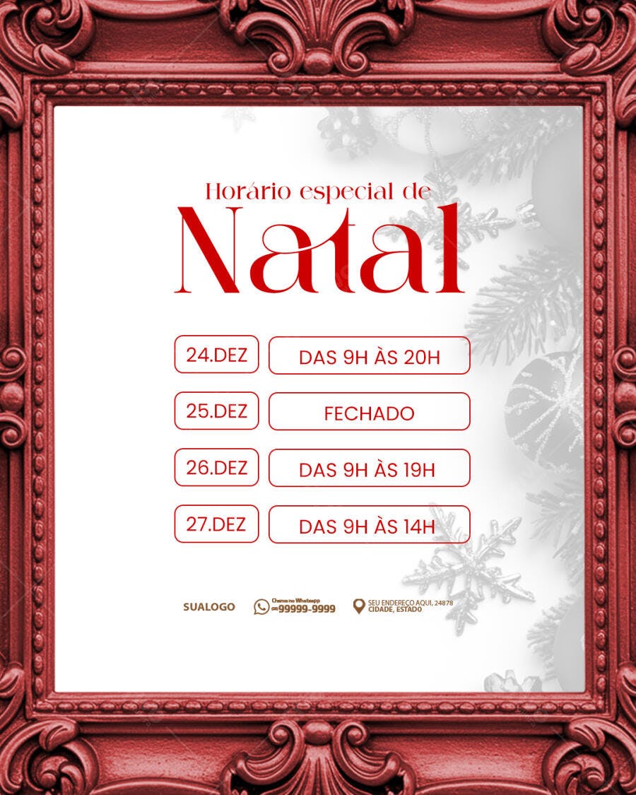 Flyer Horário Especial de Natal PSD Editável