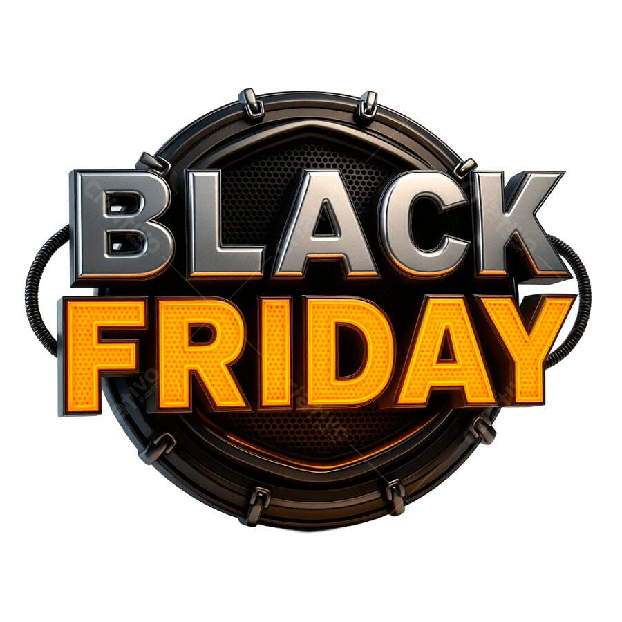 Selo 3D Black Friday com tipografia metálica e laranja PNG com fundo transparente