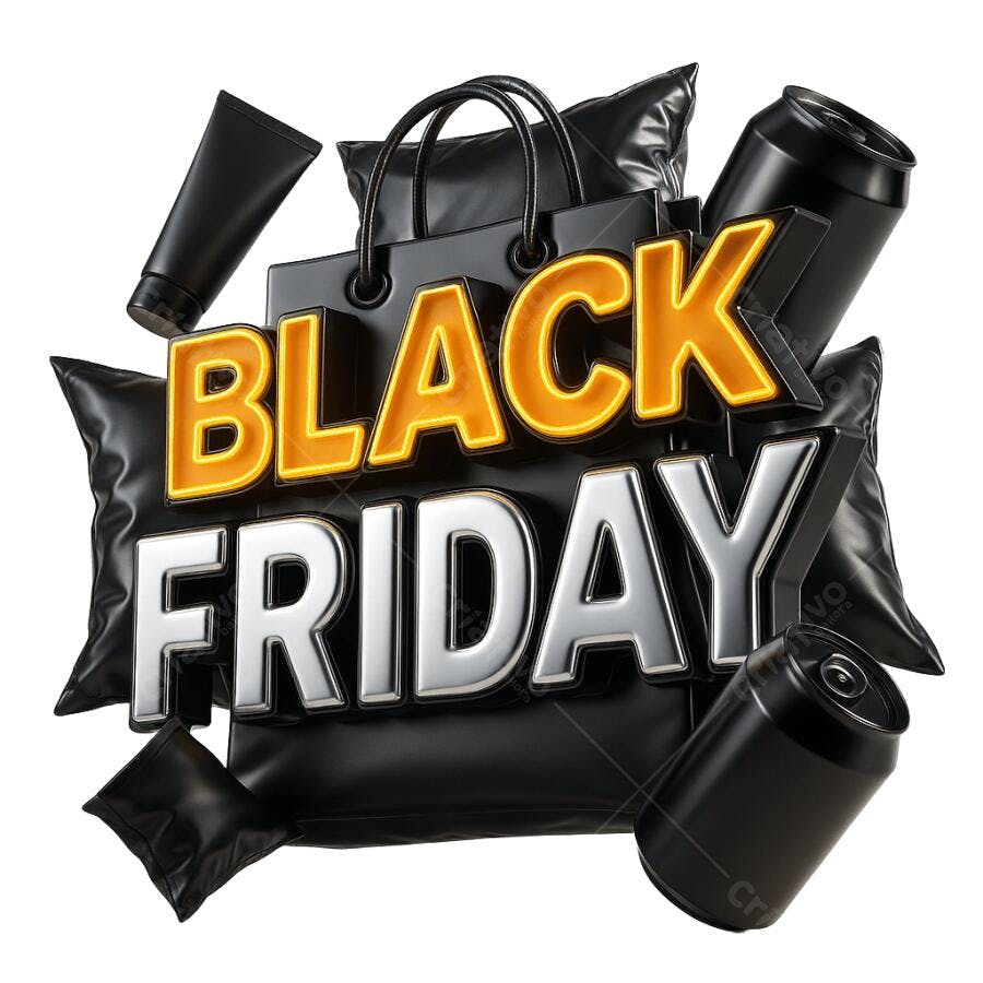Banner Black Friday 24 de Novembro texto 3D dourado prata PNG com fundo transparente