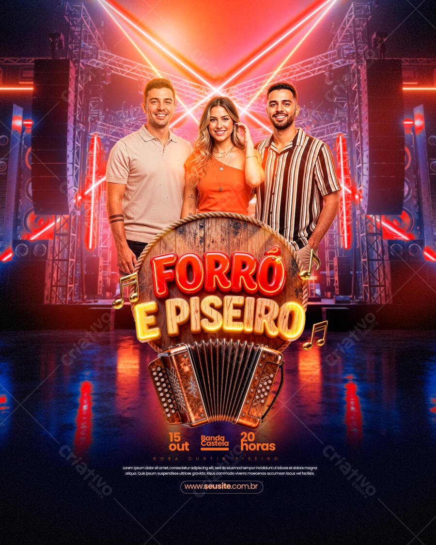 Flyer Forró e Piseiro com Artistas, Sanfona e Neon PSD Editável