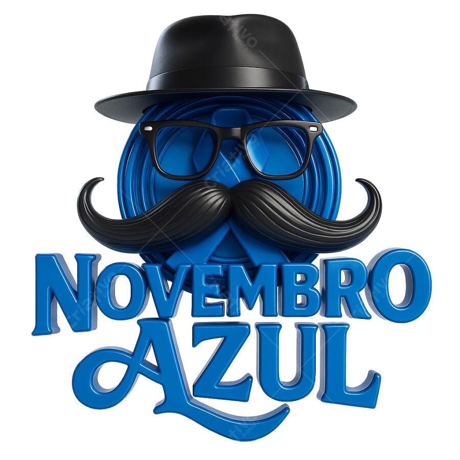 Elemento Gráfico Novembro Azul Bigode Chapéu Óculos 3D Azul PNG com fundo transparente