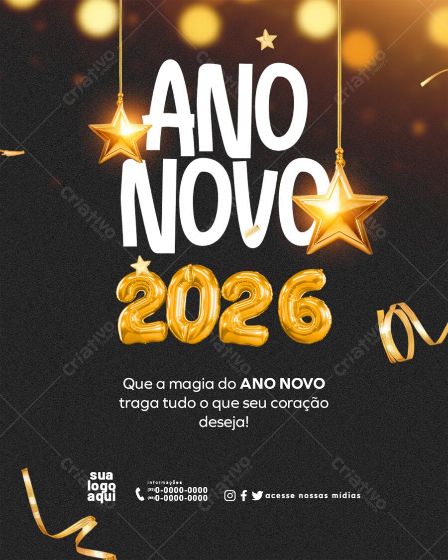 Flyer Ano Novo 2026 com Balões e Estrelas Douradas PSD Editável