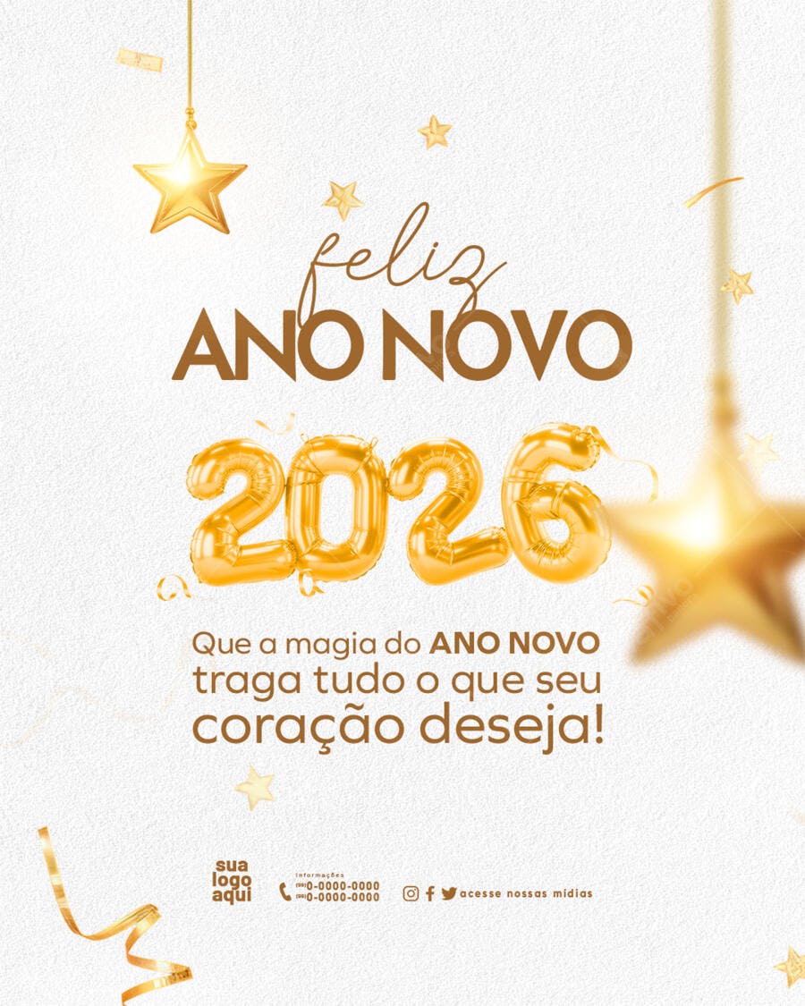 Flyer de Ano Novo 2026 com Balões Dourados PSD Editável