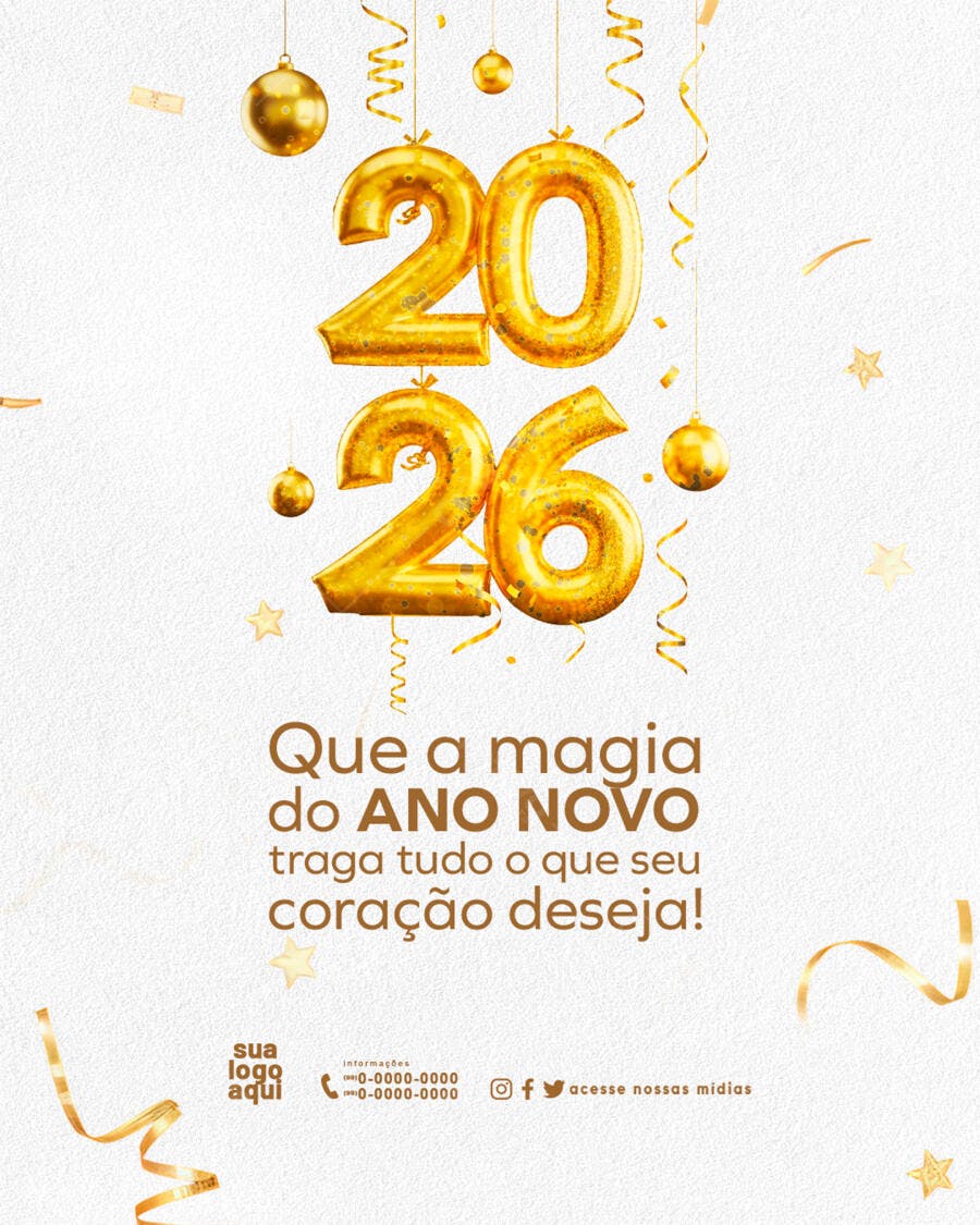Post Redes Sociais Ano Novo 2026 Dourado Festivo PSD Editável