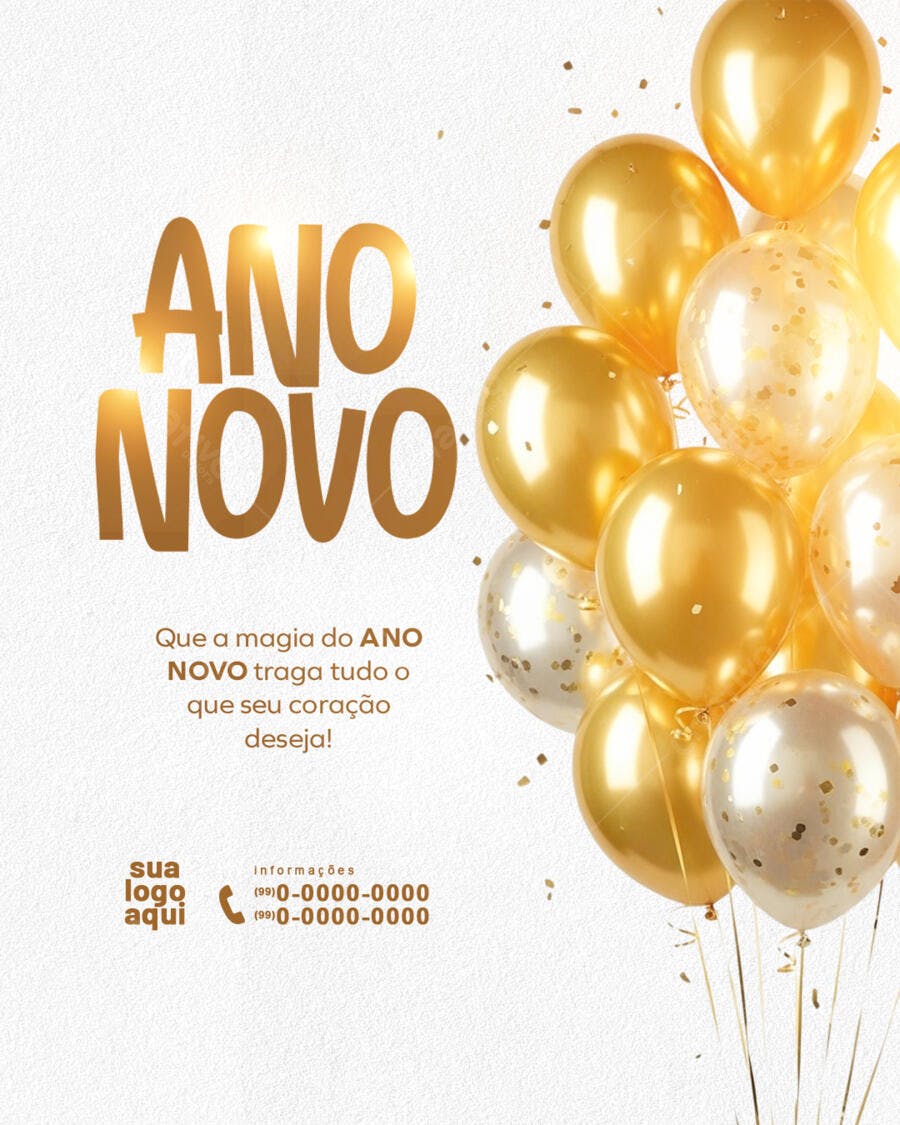 Flyer Ano Novo Balões Dourados PSD Editável