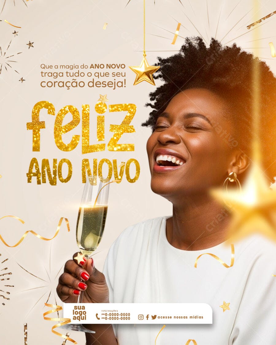 Flyer de Ano Novo Feliz com Mulher Negra e Champanhe PSD Editável