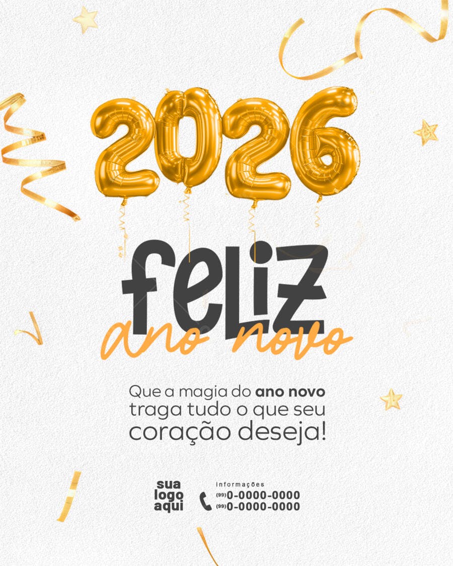 Flyer Ano Novo 2026 Balões Dourados PSD Editável