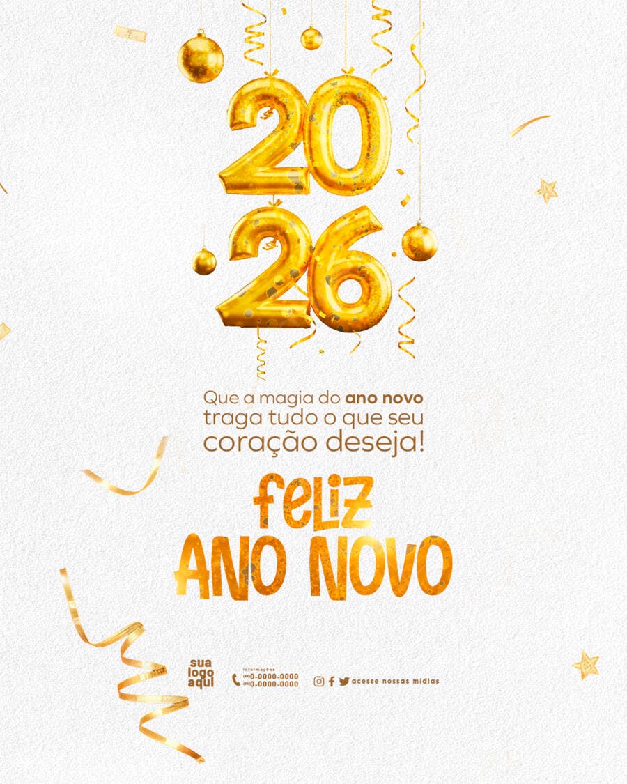 Flyer Ano Novo 2026 Feliz Ano Novo Dourado PSD Editável