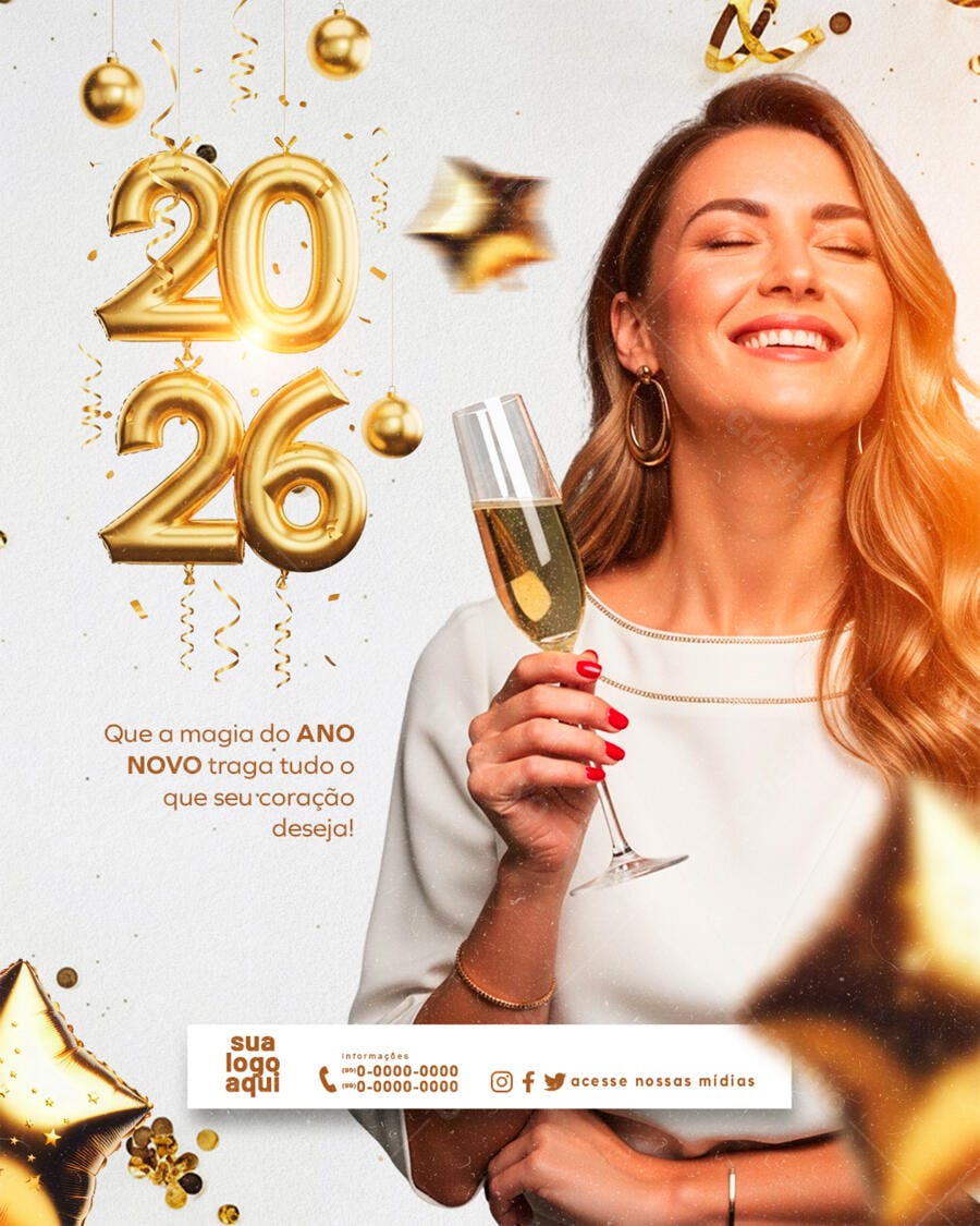 Flyer Celebração Ano Novo 2026 Dourado Mulher Feliz PSD Editável