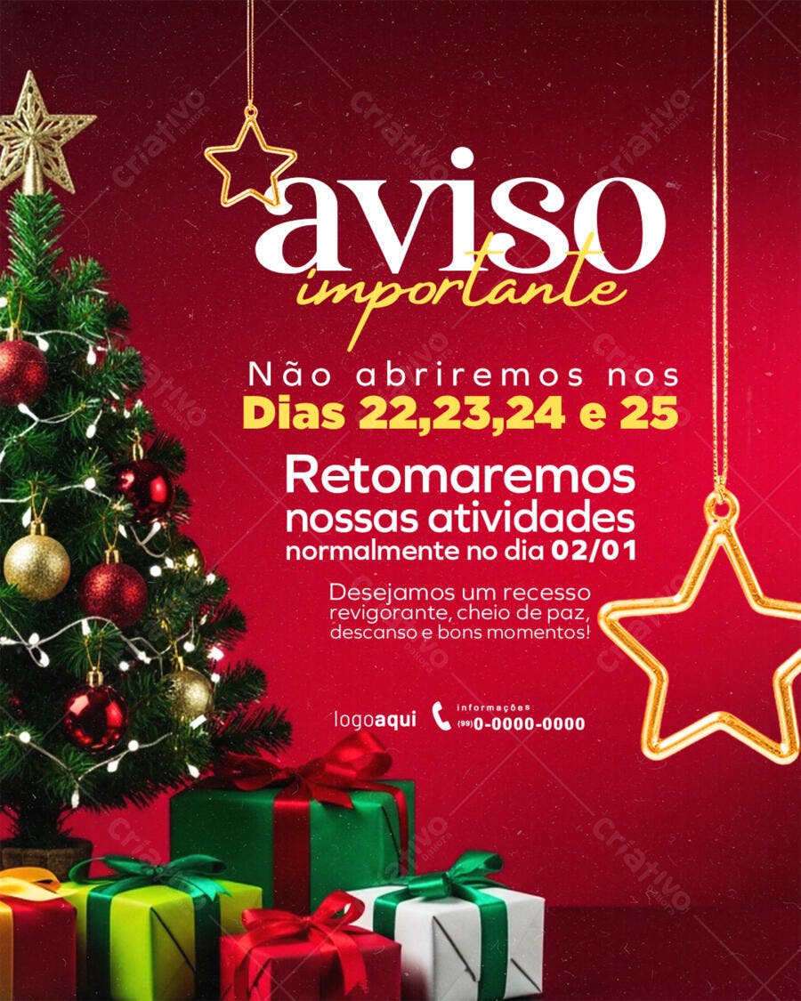 Flyer Aviso de Recesso Natal e Ano Novo PSD Editável