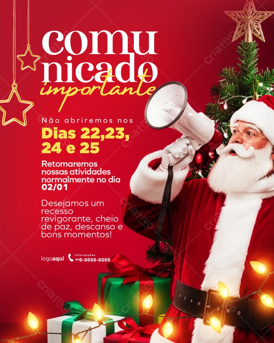 Flyer Comunicado Importante Recesso Natal e Ano Novo PSD Editável